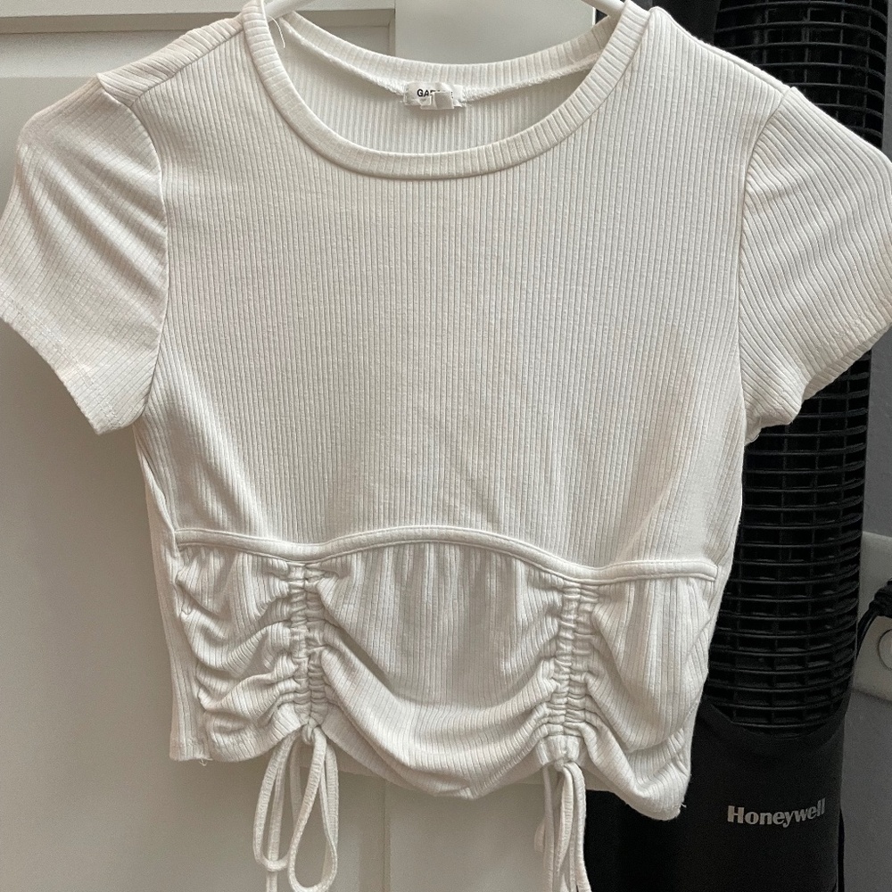 Small White Garage Cinched Cropped Tee